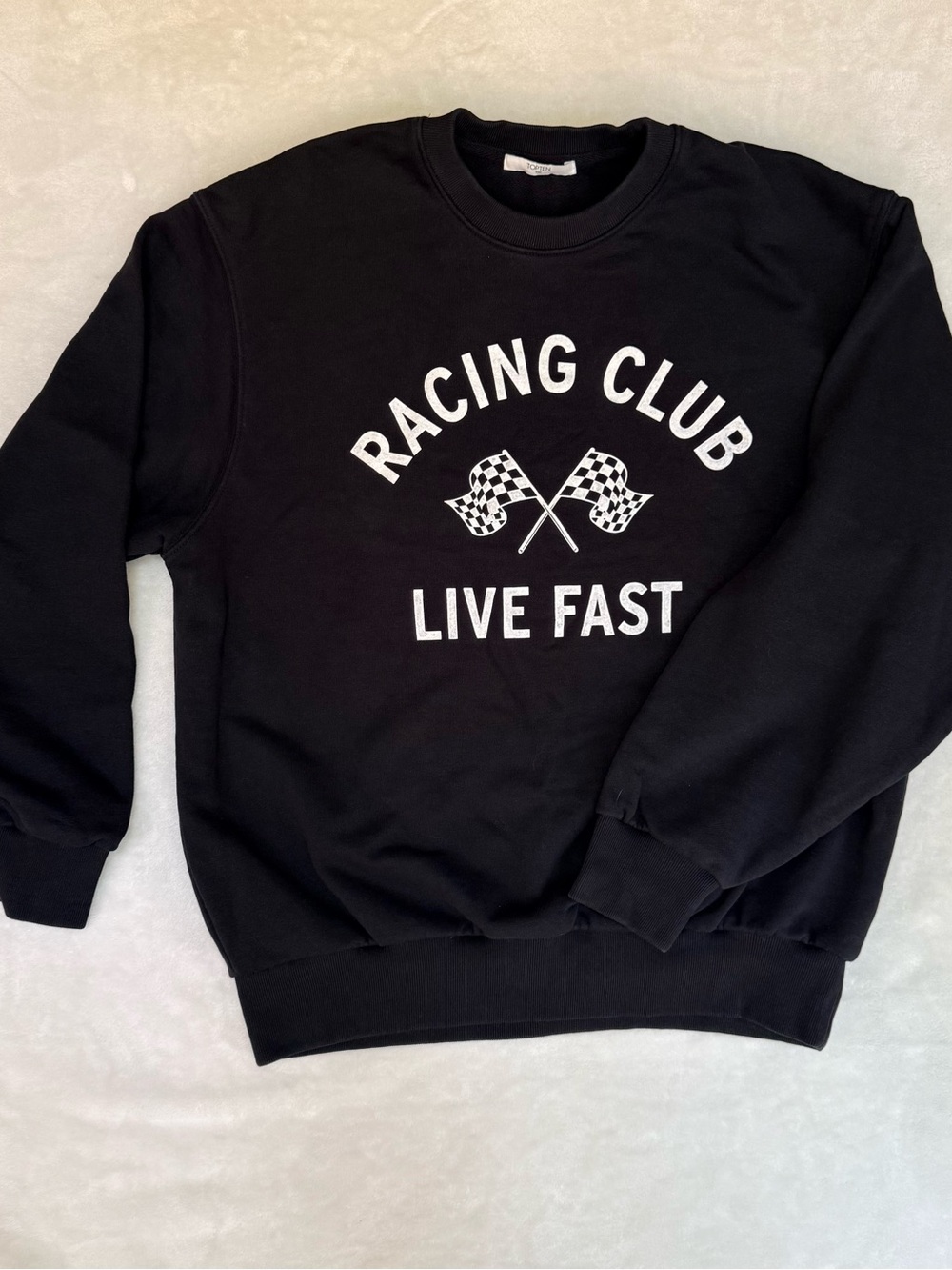 Korean brand "Racing Club Live Fast" Contemporary Crewneck Sweatshirt, black